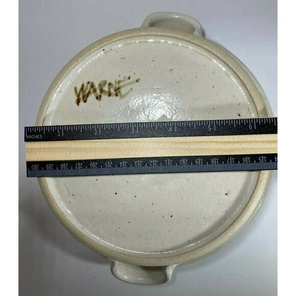 Artisan Signed Glazed Pottery Ivory Gray Serving Bowl w/ Handles Blue Flowers - Picture 8 of 10